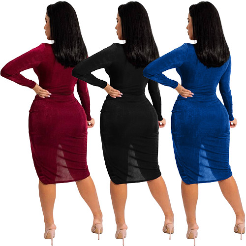 Velvet Slim Wrap V Neck Drawstring Dress XMY-9342