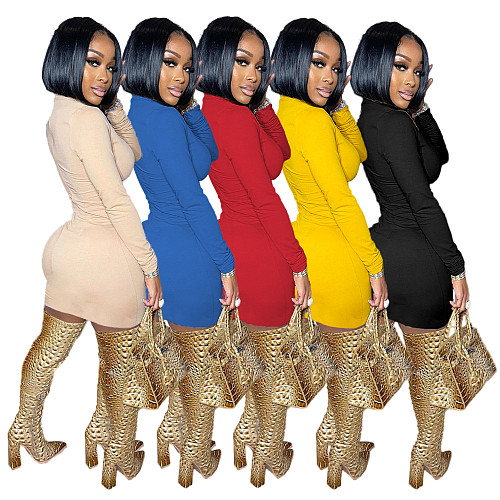 Hollow Chest Long Sleeve Slim Solid Mini Dress YUM-9085