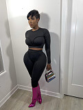 Patchwork Solid Crop Tops Skinny Pants Two Piece Set WSM-5284