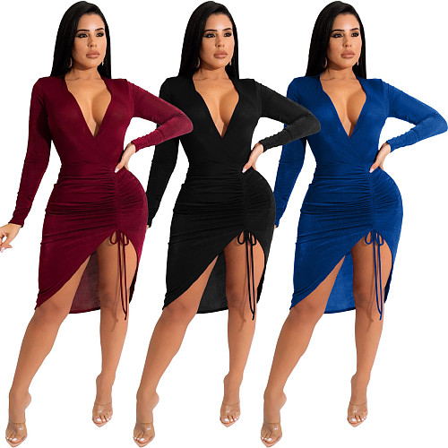 Velvet Slim Wrap V Neck Drawstring Dress XMY-9342