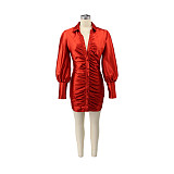 Long Sleeve Commuter Single-breasted Pleated Dress HANI-067
