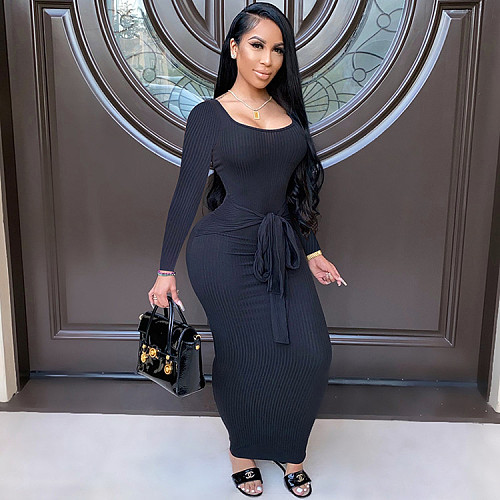 Ribbed Knitted Lace Up Long Sleeve Sweater Dress GLS-8033
