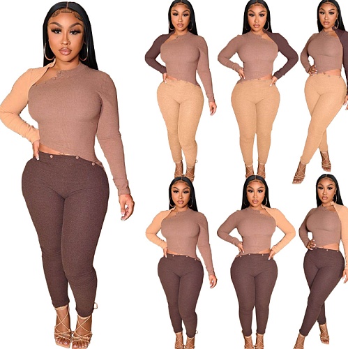 Color Block Patchwork Long Sleeve Skinny Jumpsuit MDF-5280