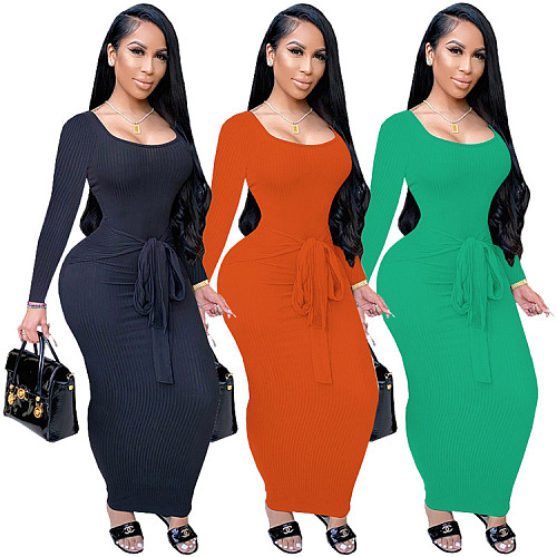 Ribbed Knitted Lace Up Long Sleeve Sweater Dress GLS-8033