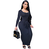 Ribbed Knitted Lace Up Long Sleeve Sweater Dress GLS-8033
