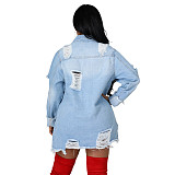 Ripped Fringed Single-breasted Denim Jacket LX-3521