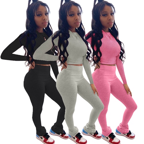 Solid Tracksuits Long Sleeve Crop Top+Flare Pants LM-8297