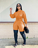 Pu Leather Long Sleeve Casual Top Pants Two Piece Set ZAND-31180