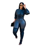Pu Leather Long Sleeve Casual Top Pants Two Piece Set ZAND-31180