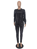 Pu Leather Long Sleeve Casual Top Pants Two Piece Set ZAND-31180
