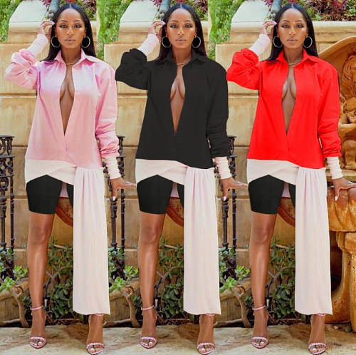 Color Block Asymmetrical Long Sleeve Blouse Shirt MEI-9226