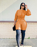 Pu Leather Long Sleeve Casual Top Pants Two Piece Set ZAND-31180
