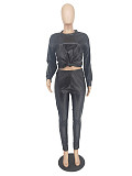 Pu Leather Long Sleeve Casual Top Pants Two Piece Set ZAND-31180