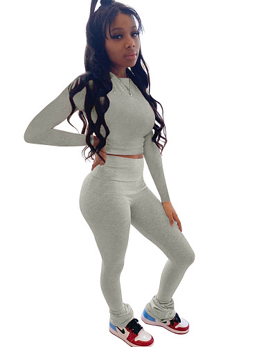 Solid Tracksuits Long Sleeve Crop Top+Flare Pants LM-8297