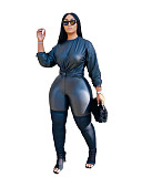 Pu Leather Long Sleeve Casual Top Pants Two Piece Set ZAND-31180