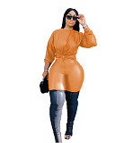 Pu Leather Long Sleeve Casual Top Pants Two Piece Set ZAND-31180
