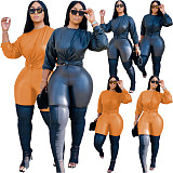 Pu Leather Long Sleeve Casual Top Pants Two Piece Set ZAND-31180