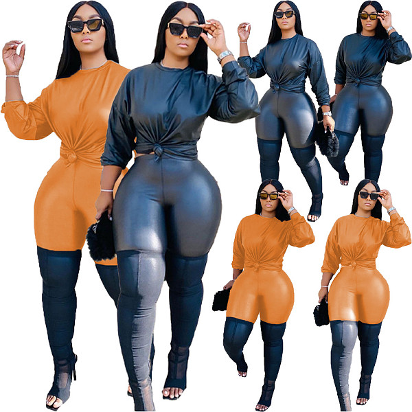 Pu Leather Long Sleeve Casual Top Pants Two Piece Set ZAND-31180