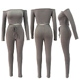 Knitted Off Shoulder Crop Tops Leggings Pants Set JLY-19274