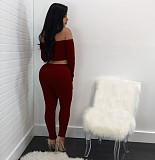 Knitted Off Shoulder Crop Tops Leggings Pants Set JLY-19274