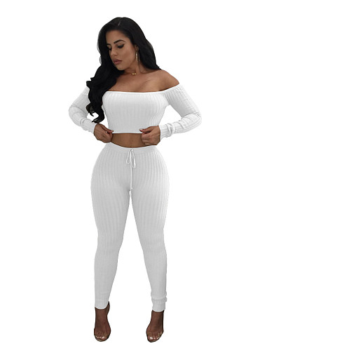Knitted Off Shoulder Crop Tops Leggings Pants Set JLY-19274