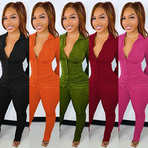 Drawstring Pleated Single Breasted Tops And Pants Set CH-8205