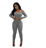 Knitted Off Shoulder Crop Tops Leggings Pants Set JLY-19274