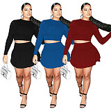 Long Sleeve Crop Top Pleated Skirt Two Piece Set WSM-5279