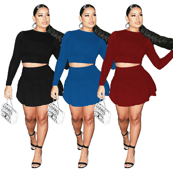 Long Sleeve Crop Top Pleated Skirt Two Piece Set WSM-5279