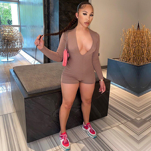 XS Solid Knitted Low Cut Long Sleeve Bodycon Romper GS-00002
