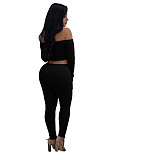 Knitted Off Shoulder Crop Tops Leggings Pants Set JLY-19274