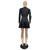 Long Sleeve Crop Top Pleated Skirt Two Piece Set WSM-5279