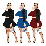 Long Sleeve Crop Top Pleated Skirt Two Piece Set WSM-5279