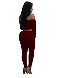 Knitted Off Shoulder Crop Tops Leggings Pants Set JLY-19274