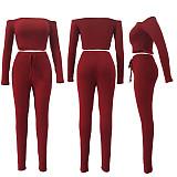 Knitted Off Shoulder Crop Tops Leggings Pants Set JLY-19274