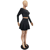 Long Sleeve Crop Top Pleated Skirt Two Piece Set WSM-5279