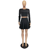 Long Sleeve Crop Top Pleated Skirt Two Piece Set WSM-5279