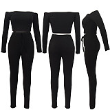 Knitted Off Shoulder Crop Tops Leggings Pants Set JLY-19274