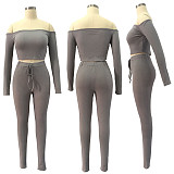 Knitted Off Shoulder Crop Tops Leggings Pants Set JLY-19274