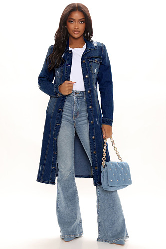 Single-breasted Ripped Long Sleeve Denim Coat LX-3523