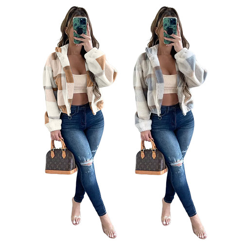 Rabbit Plush Winter Warm Plaid Zipper Jacket Coat ASL-6550