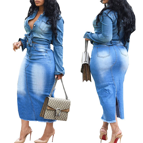 High Waist Casual Stretch Denim Maxi Pencil Skirt HSF-2614