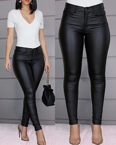 Solid High Waist Faux Leather Skinny Pencil Pants OYW-691