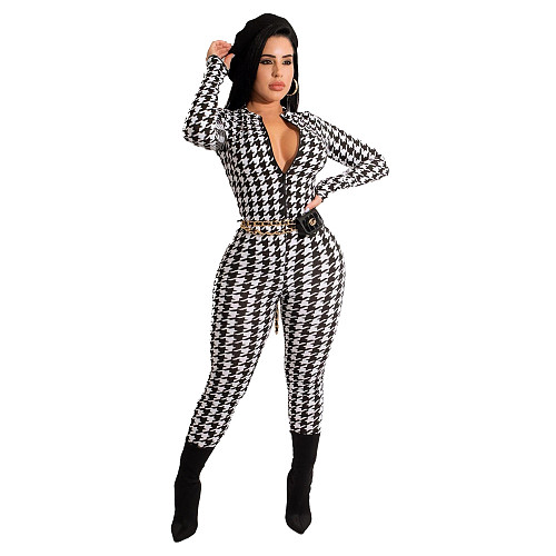 Zipper Houndstooth Long Sleeve One Piece Jumpsuit SFY-2157