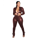 PU Faux Leather Lace Up Crop Top Skinny Pants Set BN-9311