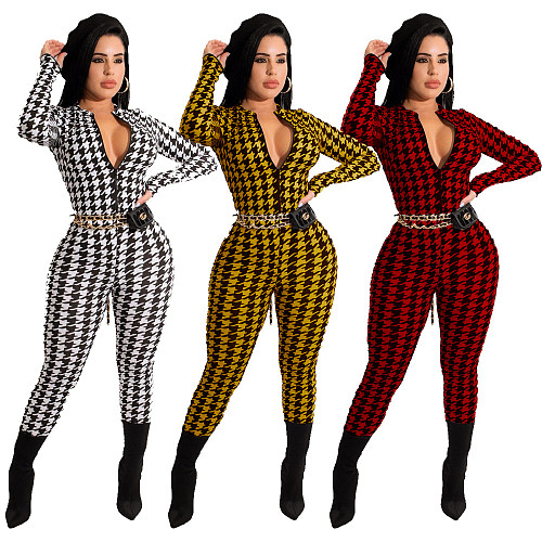 Zipper Houndstooth Long Sleeve One Piece Jumpsuit SFY-2157