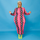 High Waist Print Long Sleeve O Neck Plus Size Dress OSS-21401