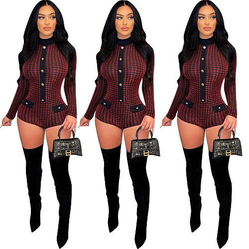 Plaid Print Long Sleeve Bodycon One Piece Romper HMS-5530