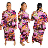 High Waist Print Long Sleeve O Neck Plus Size Dress OSS-21401
