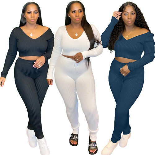 V-neck Knitted Long Sleeve Crop Top Long Pants Set XMY-9345